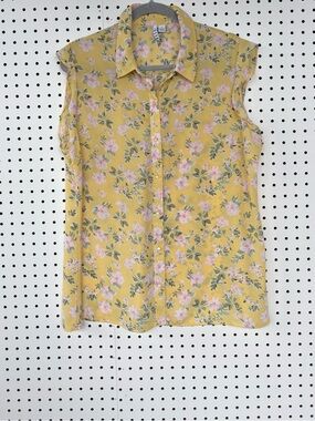 Elle Yellow Floral Sleeveless Button-Up Blouse XL